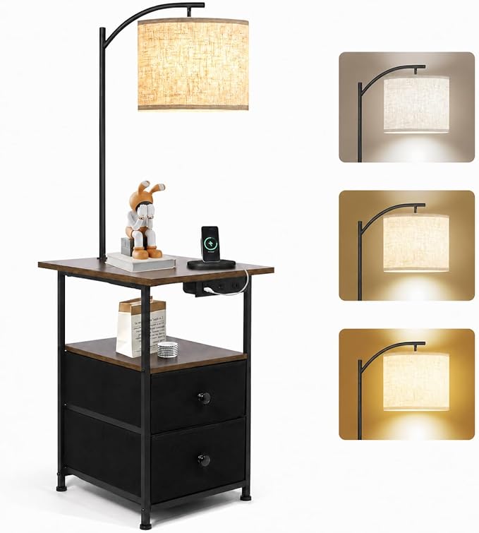 PESRAE Floor Lamp with Table & 2 Drawers, End Table with 3 Color Temperature Reading Light, Side Table Lamp with USB & Type C & AC Charging Port for Living Room, Bedroom