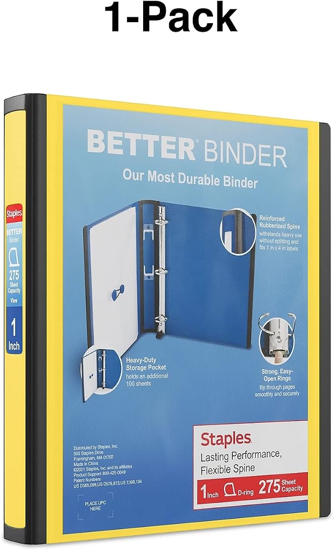 Staples Better View 1-Inch D-Ring Binder, Yellow, Clear Overlay | Durable 3-ring binder for school and office document organization.