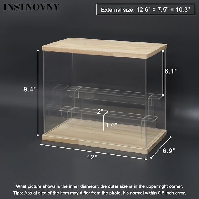 Clear Acrylic Display Case with Light 3 Tier Display Storage Box Assembly Dustproof Showcase for Collectibles Action Figures(Wood, 12.0*6.9*9.4inch)
