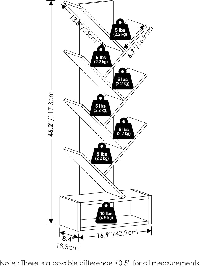 Furinno Tree Book Shelf, 7-Tier Bookshelf, Tree Bookcase with Bottom Shelf, 8.4 x 16.9 x 46.2, for Living Room, Bedroom, Home Office, Amber Pine