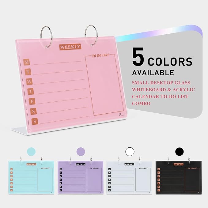 Desktop Glass Dry Erase & Acrylic Aesthetic Desk Calendar Weekly to-do List Combo, Small Magnetic Standing Whiteboard, Desk Flip Easel Calendar with Accessories for Home Office Supply, Pink, 9 x 7''