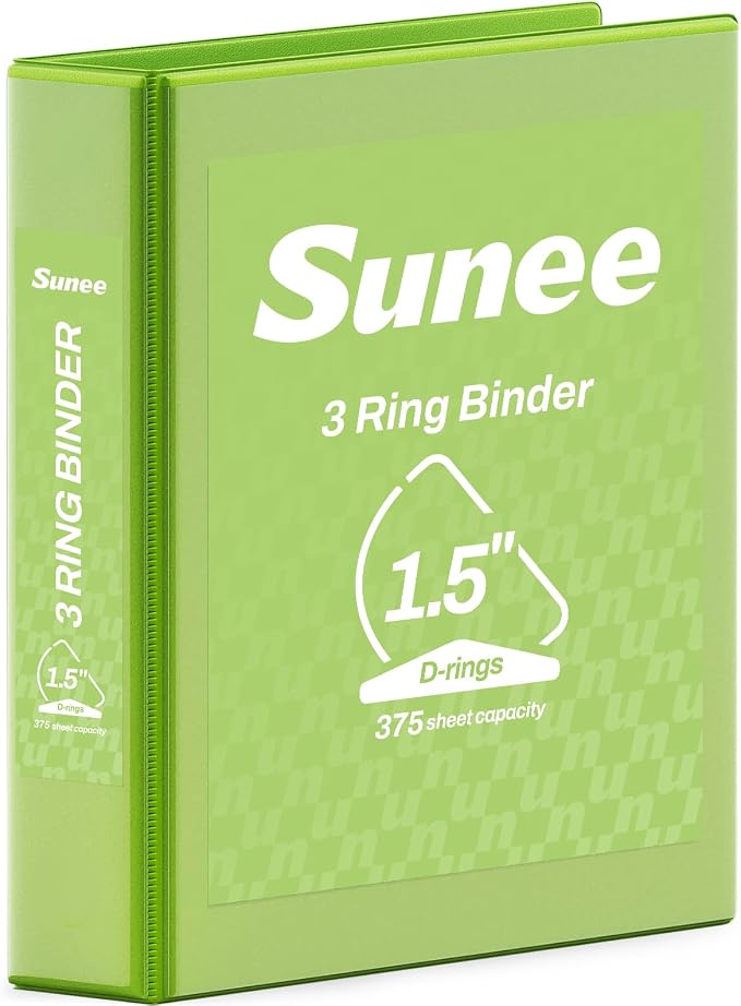 SUNEE 3 Ring Binder 1.5 Inch D Ring, Clear View Binder Three Ring PVC-Free (Fit 8.5x11 Inches) for School or Office Supplies, Tender Green, 1 Pack