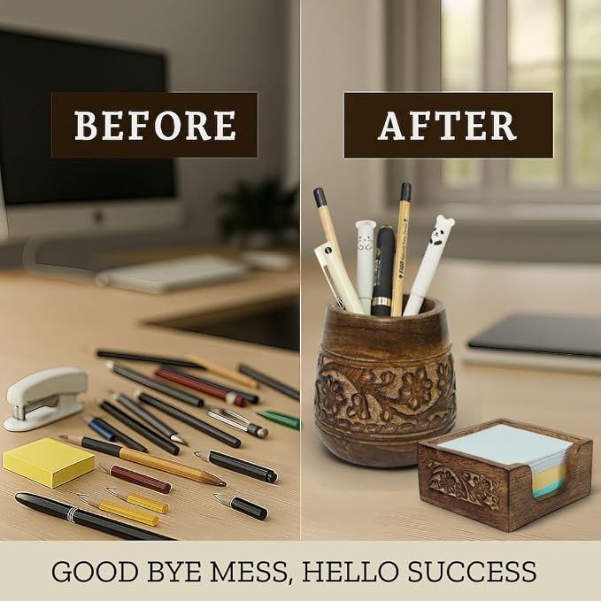 Mie Creations Set of 2 Pen, Sticky Note Holder for Office Desk Organizer | Rustic Wooden Desktop Accessories, Handmade Floral Pencil Stand & Post it Note Dispenser, Aesthetic Stationery Decor
