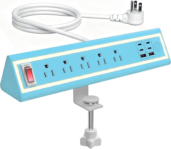 Desk Clamp Power Strip with Nightlight, 40W Fast Charging, 10FT Extension Cord, 4x20W USB-C & 2 USB Ports, 5 AC Outlets, Fits 1.69-Inch Table Edges