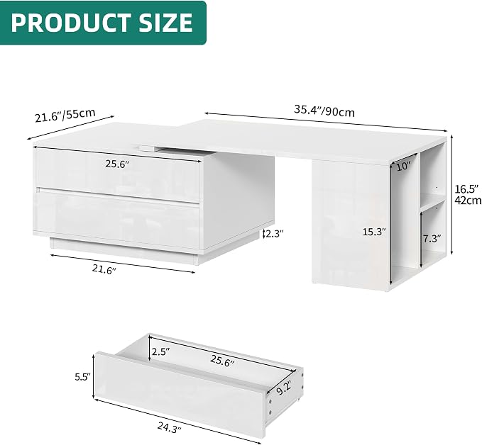 YITAHOME 35"-61" Extendable LED Coffee Table with 4 Drawers, White | Center Table with 4 Storage Drawers, Open Shelves, Sliding Extendable Top, LED Lighting, for Living Room Home Office