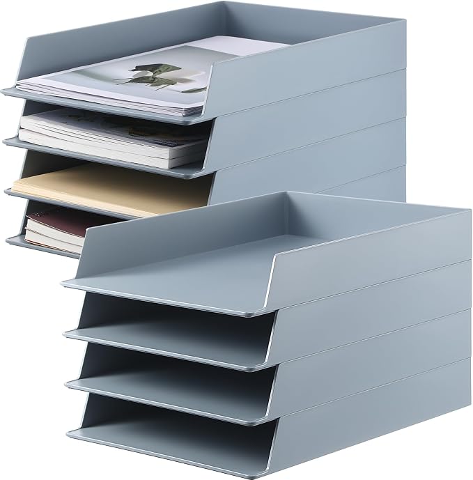 8 Pcs Stackable Paper Trays Rectangular Plastic Desk Holder Desktop Document File Organizer Storage Letter for Office Classroom (Gray)