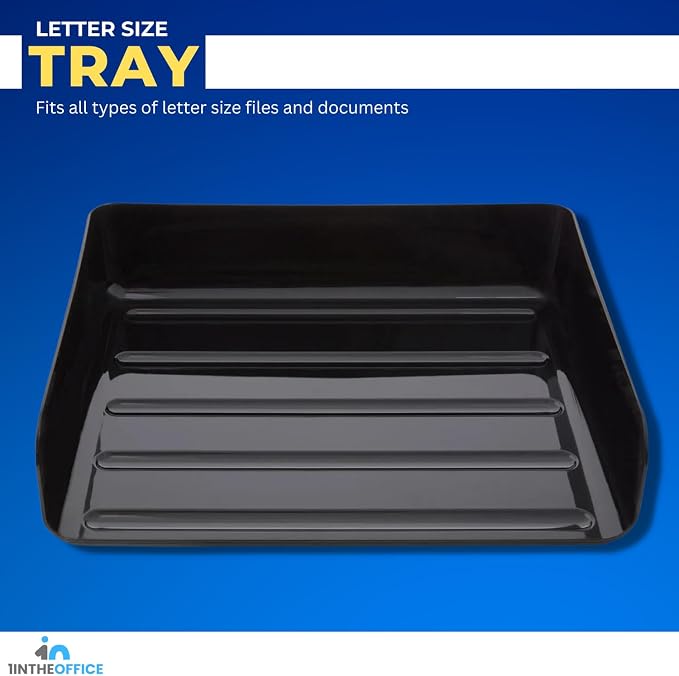 1InTheOffice Stackable Paper Tray, File Trays for Desk Stackable, Letter Tray Organizer, Side Load, Black, 2 Pack