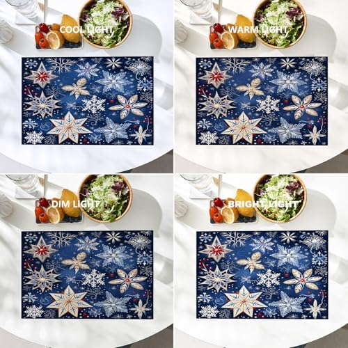 Batmerry Christmas New Year Linen Placemats Set of 4, Snow Red Fruit Blue Background Washable Table Mats for Kitchen Table Thickened Heat Insulation Dining Set Indoor Outdoor 12X18 in