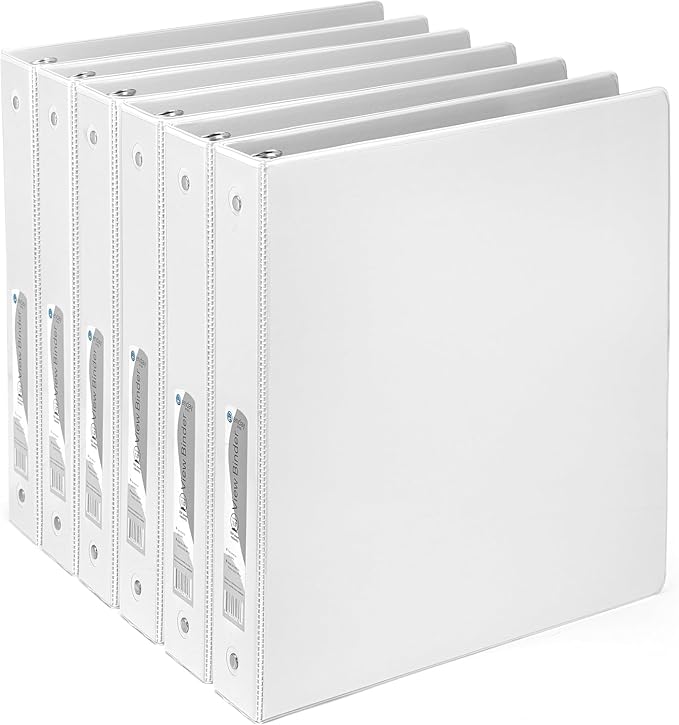 1.5 Inch Binders 3 Ring, White 1 ½ Inch Round Ring Binder with Clear View Cover & 2 Inside Pockets, School Supplies Binders (6 PC) – by Enday