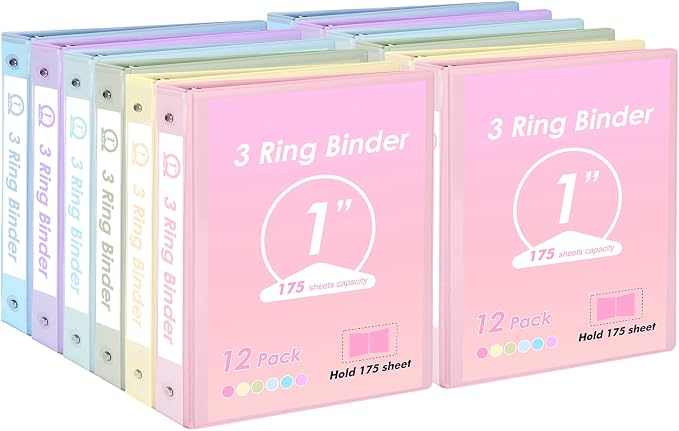 EOOUT 1 inch 3-Ring Binder 12 Pack Assorted Pastel Color with 2 Pockets Inside, Fits 11 x 8.5 Inch Paper with 175 Sheets Capacity, for Office, Home, School Project