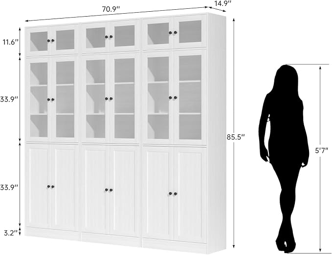 TUSY 85.5" Modern Tall Bookcase with Glass Doors, 7-Tier Wood Bookshelf with Storage for Home Office, Large Curio Cabinet for Living Room, Office, Bedroom, Family Room (White, BBB)