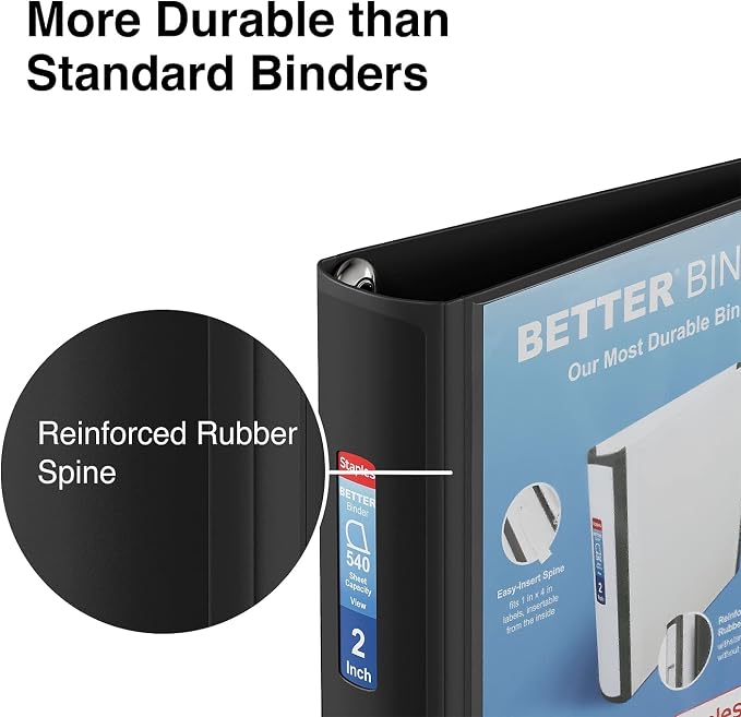 Staples Better Binder, 2-Inch 3-Ring View, Black, 2-Pack | Durable binder for everyday school and office document storage.