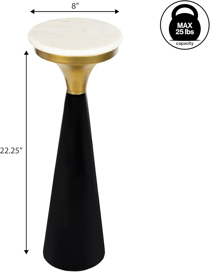 JONATHAN Y Oliver 8" Round Marble Pedestal Drink Table, Black/White/Gold | 22.25" High Modern Martini Cocktail Accent Stand, Small Side Furniture, No Assembly, Mid-Century Glam Style