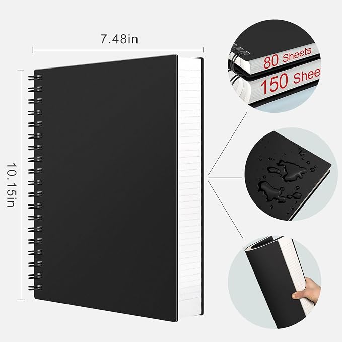 AHGXG Spiral Notebook College Ruled - Spiral Notebook Journal Large B5 7.6" x 10", 300 Pages/150 Sheets, 100GSM Thick Paper, Plastic Hardcover, for Women Men Office School, Black