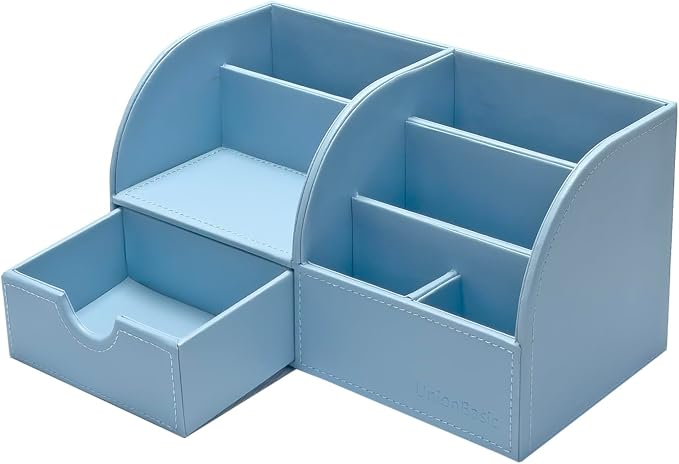 UnionBasic Desk Organizer - Multifunctional Leather Desktop Pen Holder Storage Box - Business Card/Pen/Pencil/Mobile Phone/Stationery Holder, Blue