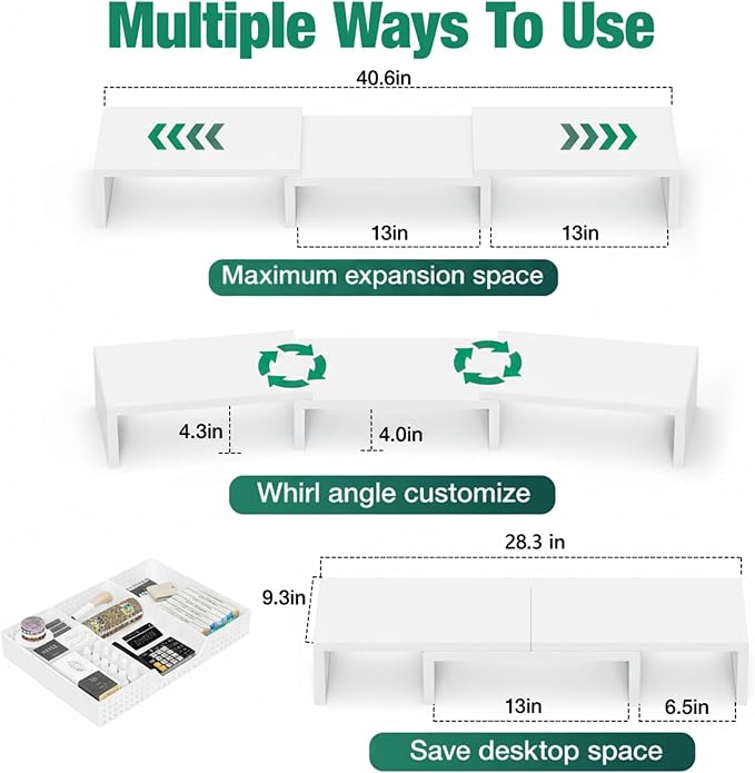 Dual Computer Monitor Stand Riser, Desk Organizer with Drawer, Office Desk Accessories & Workspace Organizers for Home Office Supplies, White