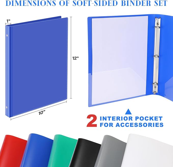 Fulmoon 48 Pack 3 Ring Plastic Binders 1 Inch Bulk with 2 Pockets, Flexible Binder Loose Leaf Hardcover, Fit 12" x 10" US Letter Size Paper, for School Office Home, 6 Colors(Classic)