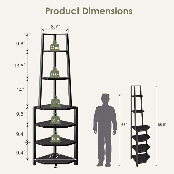 VECELO 6 Tier Corner Shelf 69 Inch Industrial Bookshelf with Metal Frame, Multipurpose Tall Plant Stand with Opening Display Shelves for Living Room, Bedroom, Home Office, Small Space, Black