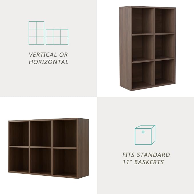 6-Cube Storage Shelf Bookcase, Walnut | Wooden 3-Tier Open Bookshelf, Fits 11×11" Bins, Vertical or Horizontal Use, Full Back Panels, For Home Office