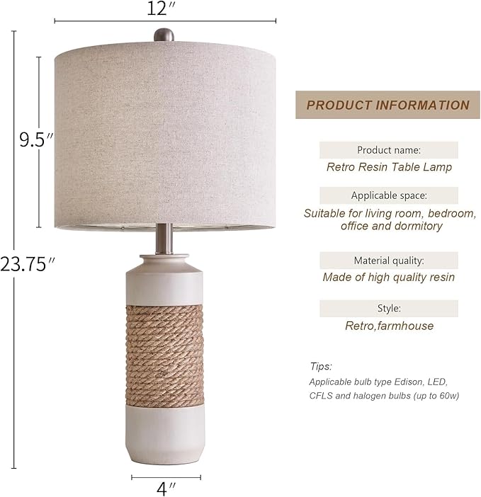 23.75" Bedside Table Lamps Set of 2 for Sleeping and Reading, Vintage Farmhouse Rattan Table Lamp Antique White Resin Lamp for Decoration, Office Living Room Bedside Table