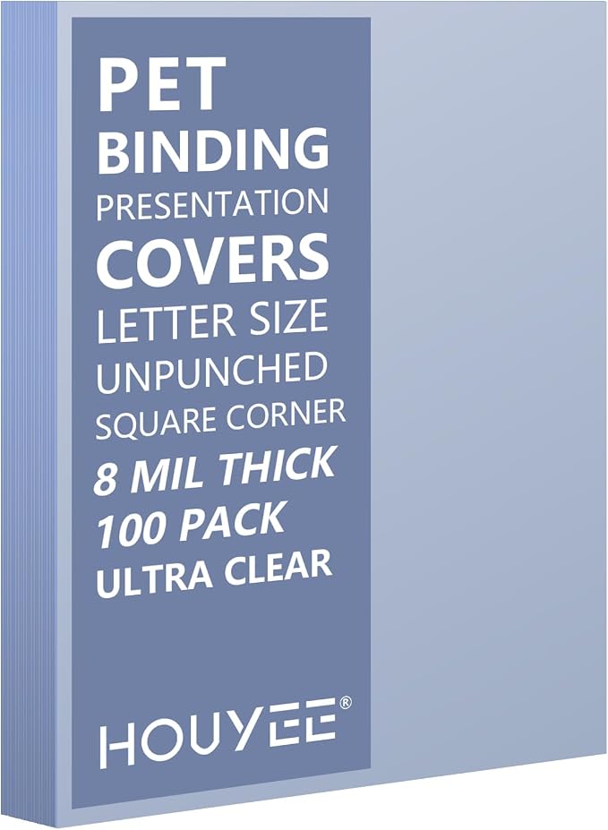 HOUYEE 100 Pack 8 Mil Ultra Clear Binding Presentation Covers,8.5" x 11" | Clear Covers for Binding, Transparent Plastic Binding Covers, Letter Size, PET, Un-Punched, for Office School