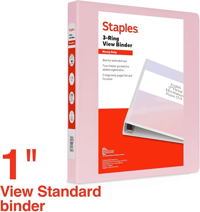 Staples Heavy-Duty 1-Inch 3-Ring View Binder, D-Ring, Light Pink | Durable binder for everyday school and office document organization.