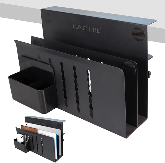 LUKETURE Desk Side Storage, 2 Tie Laptop Holder No Drill Clamp On Organizer | Steel Side Desk Organizer, Clamp on Laptop Mount with Pen Holder, Hanging Storage for Home Office, Fits 0.3" to 2.8"