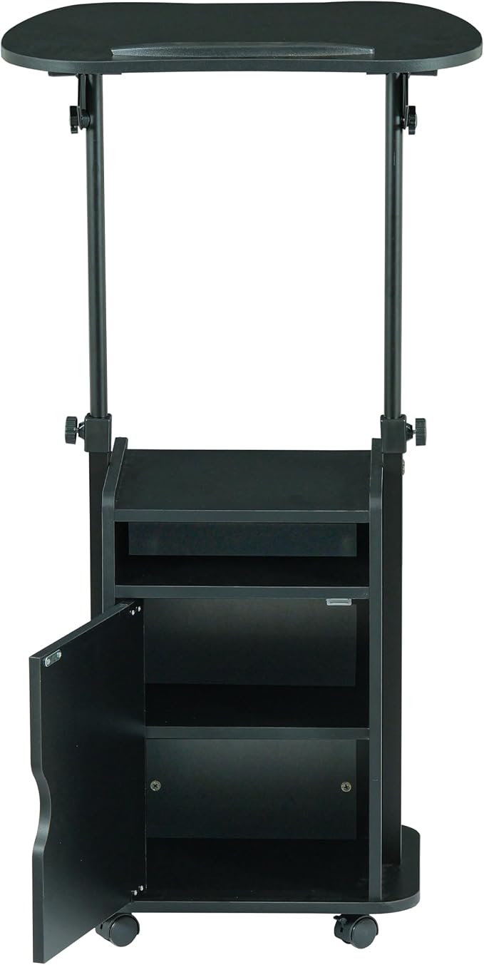 Techni Mobili Adjustable Laptop Cart w/Storage, Rolling Mobile Desk, Black | Adjustable laptop cart with storage cabinet, shelf, locking wheels, sit‑stand height for home office, bedside, classroom