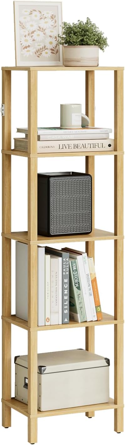 Open Book Shelf, 5 Tier Tall Bookshelf, Freestanding Shelf Narrow Bookcase with Open Shelves, 14.96" x 10.63" x 53.54", Book Shelves for Living Room, Office, Study, Oak