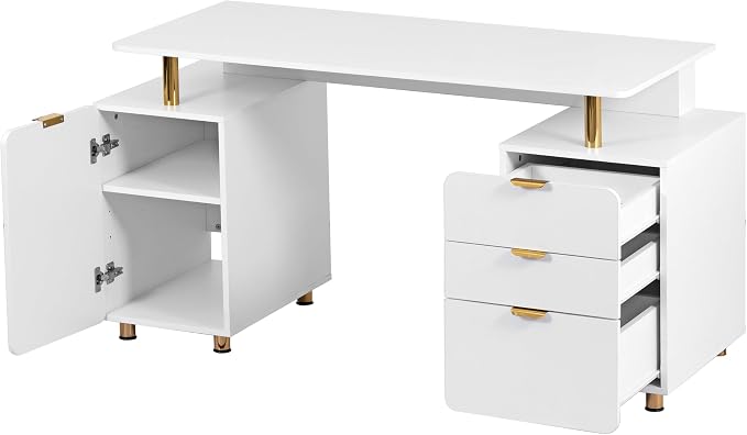 Techni Mobili 57"W Computer Desk w/ 3 Drawers & Storage Cabinet, White/Gold | Home office workstation, durable construction, everyday productivity, Ideal for home office, Workspace organization