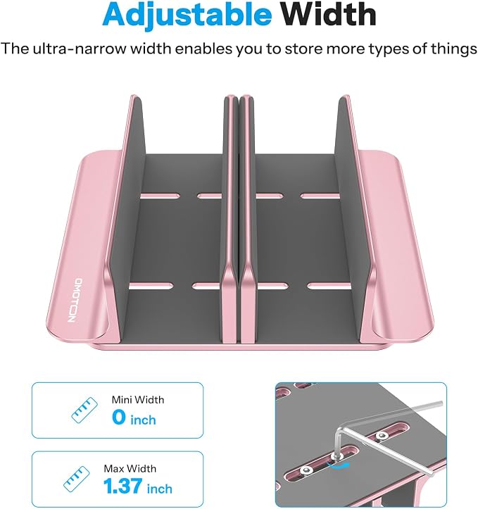 OMOTON 3-Slot Multiple Vertical Laptop Stand, Fits MacBook, Rosegold | Adjustable Width 0-1.38", Aluminum Office Space-Saving for Desk, Fits MacBook/Book/iPad Up to 17.3in