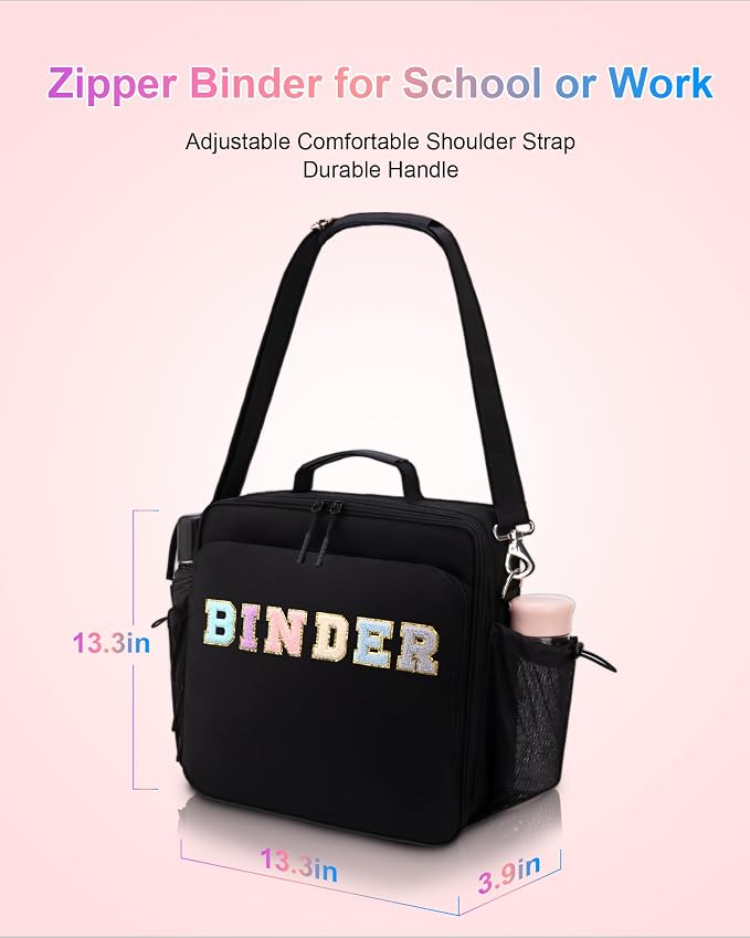 3 Ring Zipper Binder 3 Inch D Rings with Double Water Bottle Holder | Cute Initial Water-Resistant Zip Up Binder for School Office, 700-Sheet Capacity & Shoulder Strap & Laptop Pocket, Black