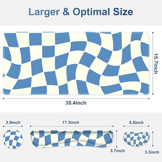 Desk Mat Pad, Gaming Mouse Pad Wrist Support Set, 4 in1 Non-Slip XXL Large Mousepad + Ergonomic Keyboard Wrist Rest+Mouse Wrist Rest+Coaster for Home Office Computer I Blue White Checker