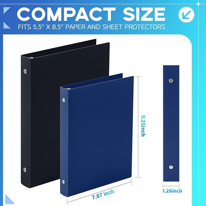 Henoyso 12 Pcs 1 Inch Mini 3 Ring Binders Fits 5.5" x 8.5" Paper, Holds(Capacity 240 Sheets), Plastic Flexible Three Round Rings Small Navy Blue A5 Binders Bulk for School, Office Use, Photo Album