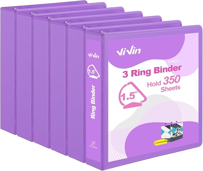 ViVin Sturdy 1.5 Inch 3 Ring Binder with 2 Pockets, 6 Pack, Purple | Slant-D Ring Binder, PVC-Free, Customizable Clear View Binder,Holds 350 Sheets of 8.5" x 11" Paper for Office, Home, School