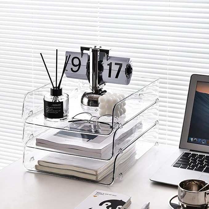 Gagee 2 Pack Paper Organizer for Desk,Clear Stackable Paper Sray Holder ﻿, Office Desk Organizer for Notes, Pens, File, Document