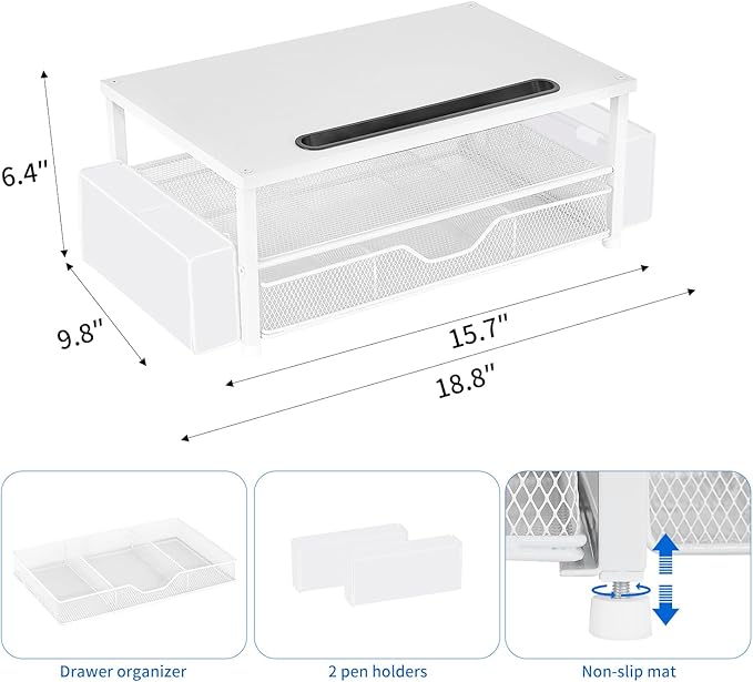 AUPSEN White Monitor Stand Riser, 2-Tier Wood Computer Desk Organizer with Drawer, Pen Storage & Phone Holder, Office Desk Accessories Desktop Organizer for Office Supplies (White)