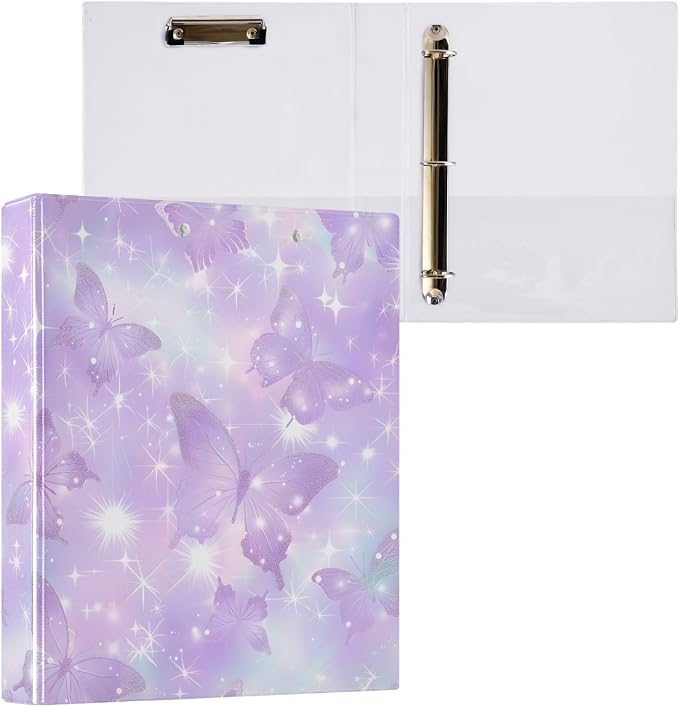 3 Ring Binder Stars and Butterflies 1.5" Round Ring Binders View Binder with 200 Sheet for Kids School Supplies Women Men Office, 1 Pack