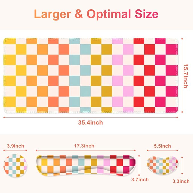 Large Gaming Mouse Pad Set, 4 in 1 Ergonomics Keyboard Desk Mat with Memory Foam Wrist Rest, Computer PC Extended Game Mousepad, Non-Slip Desk Matt Easy Typing Pain Relief I Colorful Checkered