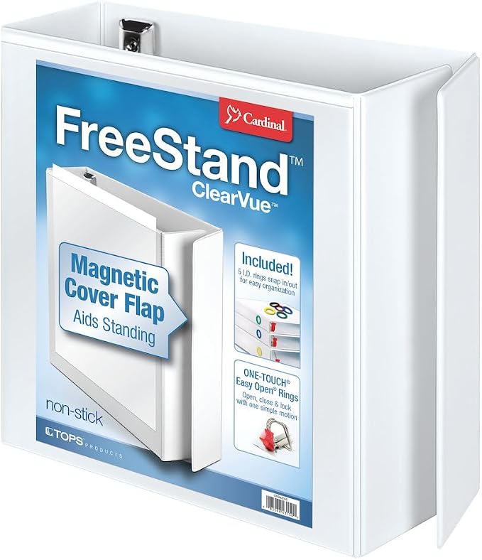 Cardinal 3 Ring Binder, 4 Inch FreeStand Binder with Magnetic Cover Flap, Shelf Pull and 5 Color-Coded Rings, ONE-TOUCH Easy Open Locking Slant-D Rings, Holds 880 Sheets, White