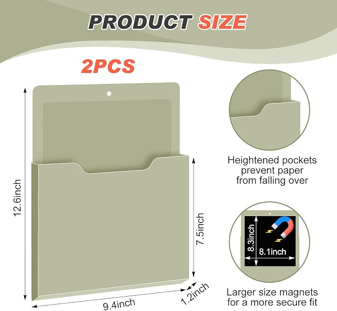 Feifeiya 2 Pcs Magnetic File Folder Wall Hanging Holder Large Pocket Paper Magazine Mail Organizer for Refrigerator Classroom Locker Whiteboard(Vertical,Sage Green,12.2 x 9.4 Inches)