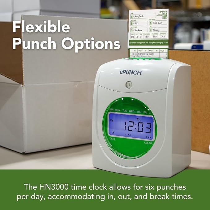 uPunch JC1500 Starter Time Clock Bundle for Small Business: Employee Punch Clock System with 100 Time Cards, Card Rack, and Ribbon