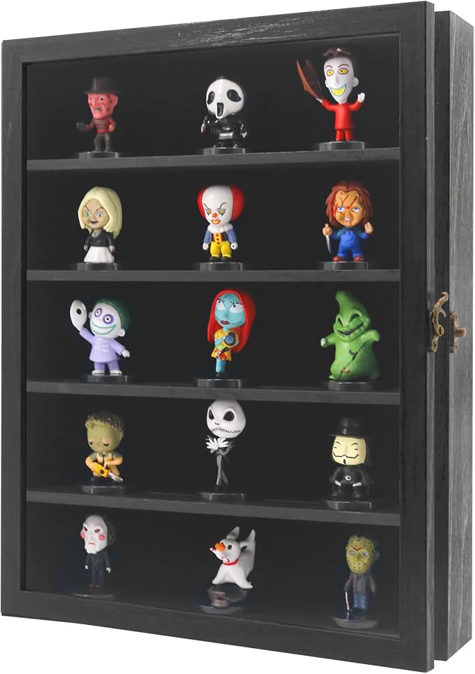 FramePro 11x14 Display Case with Adjustable Shelves Black, 4-Tier Memory Shadow Box for Wall, Deep Wooden Keepsake Display Shelf with Locking Door for Memorabilia, Photos, Medals, Wedding, Home Decor