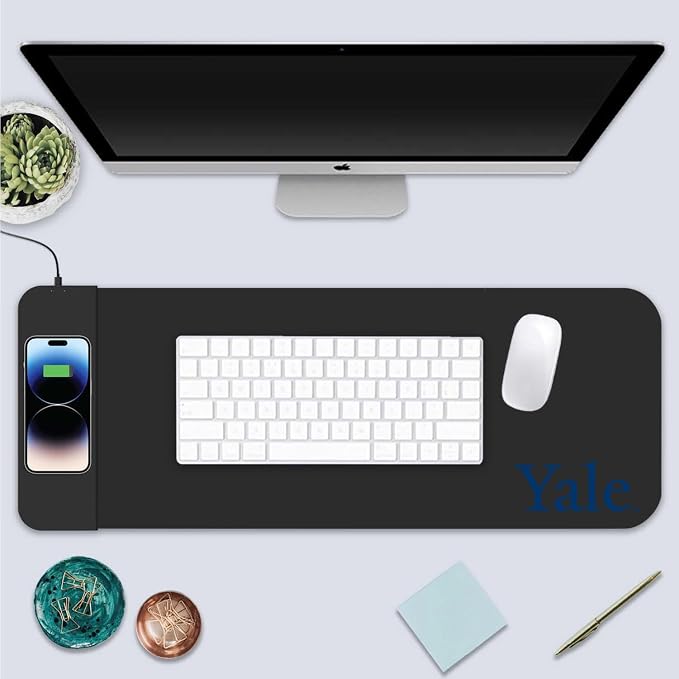 Yale University Classic Wireless Charging Cloth Desk Mat, Durable Office Supplies, Non-Slip Base, Quick Charging Wireless Desk Pad, Black
