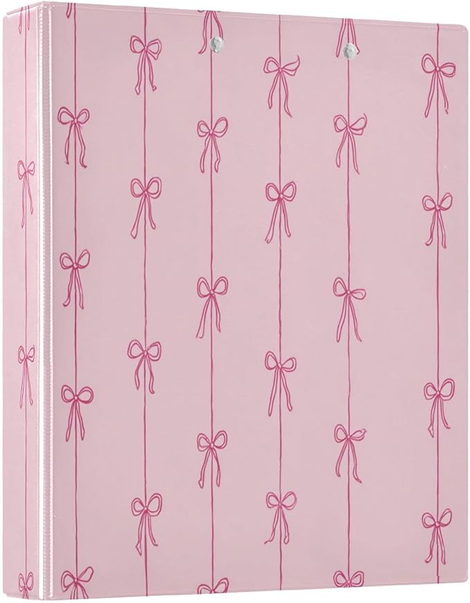Aslsiy Ribbons Bow Coquette 3 Ring Binder 1.5 Inch Pink Round Clipboard Binder Decorative Harcover Binder Organizer for Office Supplies