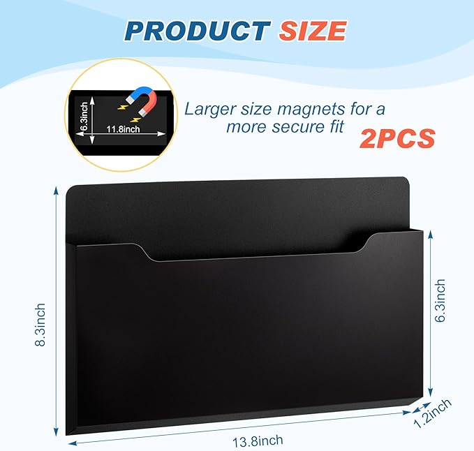 Feifeiya 2 Pcs Magnetic File Folder Wall Hanging Holder Large Pocket Paper Magazine Mail Organizer for Refrigerator Classroom Locker Whiteboard(Horizontal,Black Color,13.8 x 8.3 Inches)