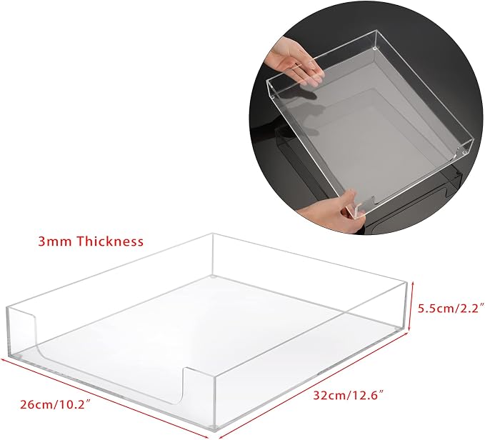 BTSKY 2 Pack Multipurpose A4 File Tray Clear Acrylic Desk Tray Organizer Elegant Letter Size Desk Documents Trays Magazine Files Storage Basket Organizer Bin for Office Cosmetics Bathroom