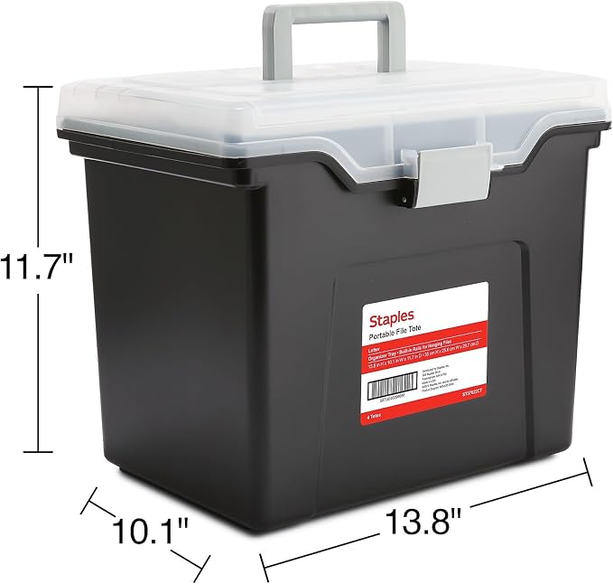 STAPLES File Box Portable Tote, Letter Size, Black, 4/Carton | Lightweight storage tote for transporting and organizing hanging files.