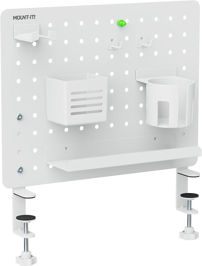 Mount-It! Clamp-On Desk Pegboard Organizer, White | Adaptable desk storage with shelf, cup holder & hooks for home office, gaming & crafting essentials.