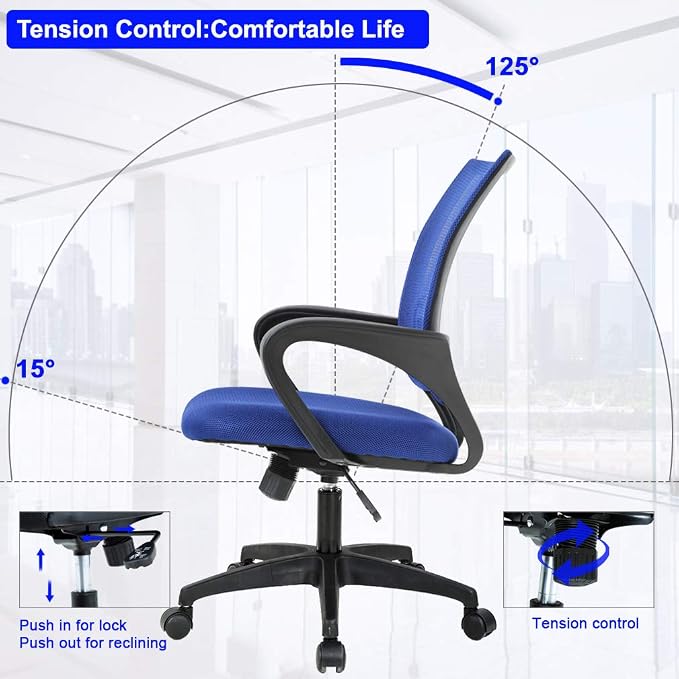 BestOffice | Ergonomic Office Chair | Mid-Back Swivel Desk Chair | Breathable Backrest & Lumbar Support | Adjustable Height | Sponge Seat | Rolling Wheels | Blue | for Adults & Women | Pack of 2